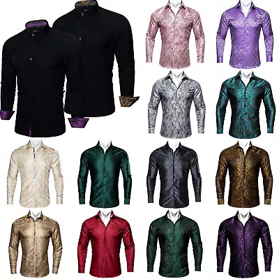 Mens Dress Silk Shirt Gold Long Sleeve Blue Paisley Casual Button Down Shirts UK • £19.99