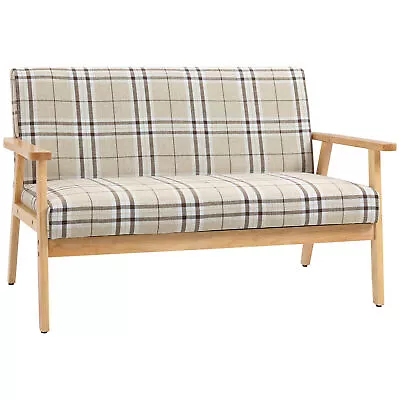 HOMCOM Two Seater Sofa With Rubber Wood Frame Linen Fabric Small Couch Beige • £99.99