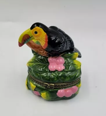 Toucan Tropical Bird Jungle Flowers Hinged Enameled Porcelain Trinket Box W/Worm • $32.30