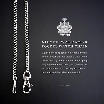 Men's Silver-Plated Waldemar Pocket Watch Chain Lobster Clasp & Swivel FOB 003 • $18