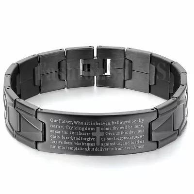 Mens Stainless Steel Silver Black Cross English Bible Verses Bracelet Bangle • $10.99