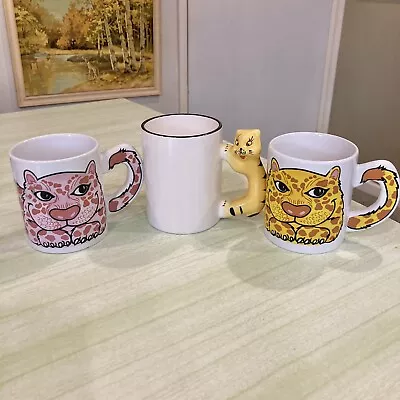 3 Vintage Kitsch Cat Ceramic Tea Coffee Mugs Retro Tiger Leopard Cups Decor • $35