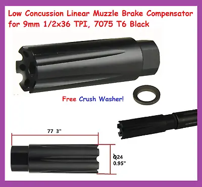 Low Concussion Linear Muzzle Brake Compensator For 9mm 1/2x36 TPI 7075 T6 Black • $17.99