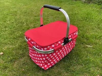 Foldable Picnic Basket Cooler Bag Folding Insulated Hamper Cool Red Polka Dot • £9.99