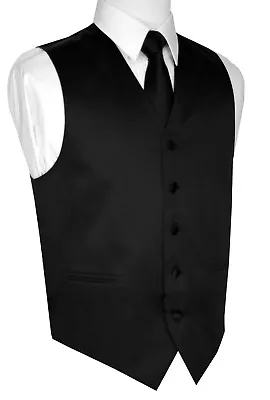 Men's Black Satin Tuxedo Vest Tie & Hankie Set. Wedding Dress Formal Prom • $19.88