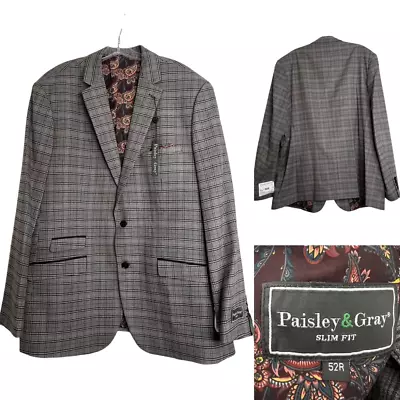 Paisley & Gray Blazer Slim Fit Sport Coat Suit Jacket 52R Gray/maroon Plaid NWT • $35