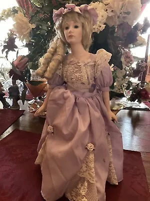 1989 Heritage Mint Ltd Victorian Era Porcelain Doll 15 In W/ Stand Purple Dress • $10