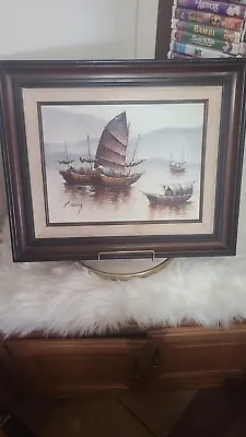 Vtg P Wong Oil Canvas Painting Chinese Junk Boats Signed Framed COA Authentic • $59.99