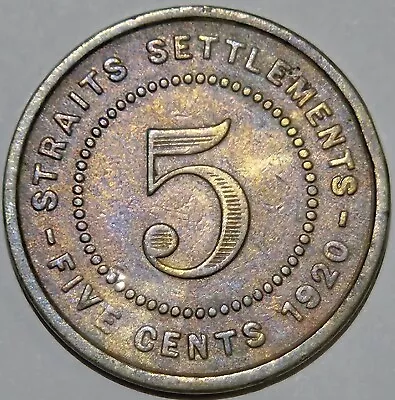 1920 British Colony Straits Settlements George V Toned 5 Cents Km-34 Old Coin • $0.99