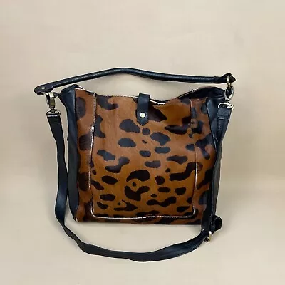 F&A Messenger Bag Crossbody Handbag Brown Leopard Leather Satchel Cow Hide Black • £34.99