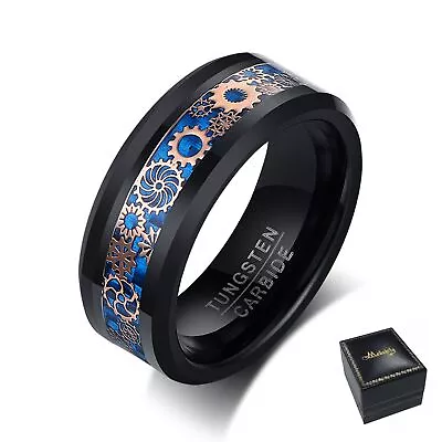 Mens Steampunk Gear Tungsten Carbide Ring Wedding Band Beveled Edges Comfort Fit • $15.99