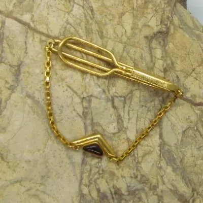Gold Tone Engraved SWANK Vintage Tie Bar Clip With CHAIN Jeweled Estate Jewelry • $15.98