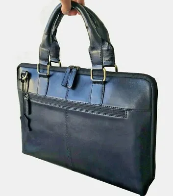 Mens Black Leather Laptop Bag 13 Inch With Shoulder Strap Office Briefcase New • £59.99