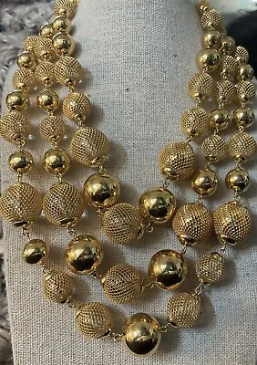 Monet Signed Vintage Mesh Gold Plated Caged Bead Necklace Three Strand 20” Adj • $99