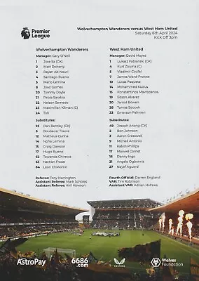 * 2023/24 - Wolves Home Official Colour Teamsheets - Choose From List * • £3.99