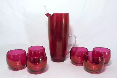 Vintage CRANBERRY RED GLASS COCKTAIL/MARTINI SET: Pitcher 6 Glasses + Stirrer • $30