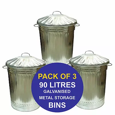 90L Galvanized Metal Waste Bin Garden Rubbish Dustbin Junk Trash Storage X3 • £56.99