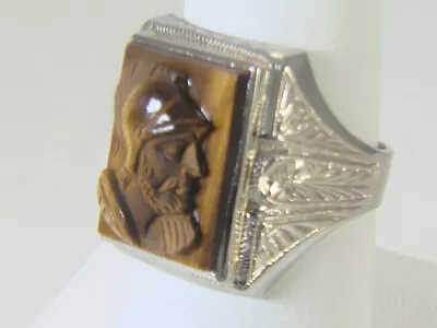 Vintage Mens 10K White Gold Spartan Intaglio Tiger Eye Cameo Ring Size 6.75 • $395