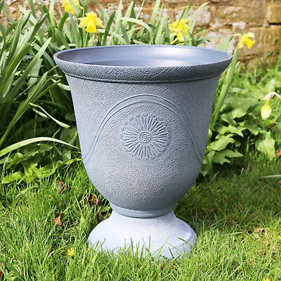 Aged Lead Urn Planter Round Grey Plastic Tall Outdoor Garden Flower Pot Large • £19