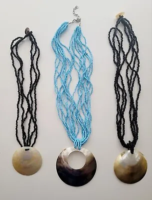 Jewelry Beaded Necklace Lot Vtg -mod Multi Strand Glass Beads Lrg Shell Pendants • $15.95