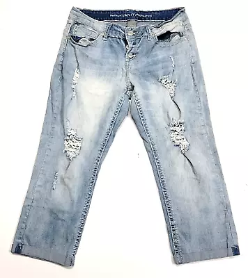 Vanity Premium Original Thrashed Blue Denim Whiskered Capris Women's 31x24 • $10