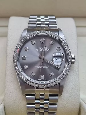 Rolex Datejust 36 Mm Rhodium Diamond Dial Custom Diamond Bezel 2004 Box&Papers • £6950