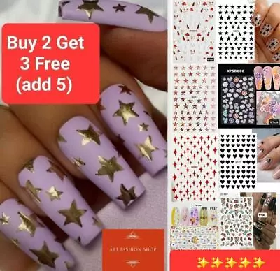 Nail Art Stickers Self-adhesive Stars Flowers Snakes Nail Star Decals Transfers • £1.99