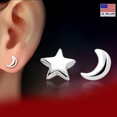 $5.99 • Buy Fashion Women 925 Sterling Silver Earrings Asymmetrical 3D Star Moon Stud 1518