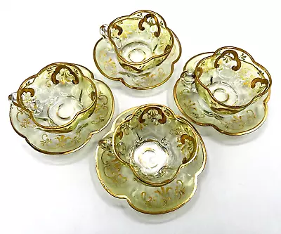 Moser Bohemian-Yellow To Clear Art Glass Cup & Saucer Set Of 4-w/Enameled Gold • $422.49