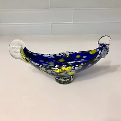 Vintage Murano Art Glass Gondola Ashtray Dish Mcm Yellow & Blue • $19.95