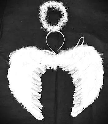 £7.99 • Buy Halloween White Feather Wings Halo Devil Angel Fairy Fancy Dress Costume Unisex