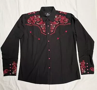 Salvaje Oeste Western Red/Black Embroidered Men's Dress Shirt LARGE Button Down • $34.99