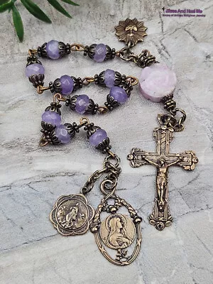 Virgin Mary Assumption Lavender Jade Lepidolite Vintage Bronze Ornate Chaplet • $79