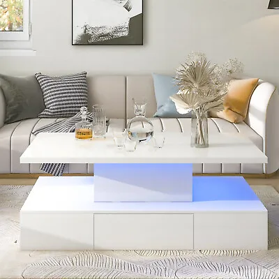 Modern High Gloss LED Coffee Tabke Cocktail Table 2-Tier Center Table W/Drawer． • $244