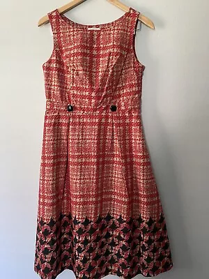 Vintage Merona Red/tan Hundstooth Print Lined Cocktail Dress 8 • $42