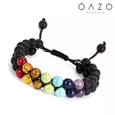 Dual Layer 7 Chakra Healing Black Stone Yoga Charm Bead Bracelet Men Women • $9.99