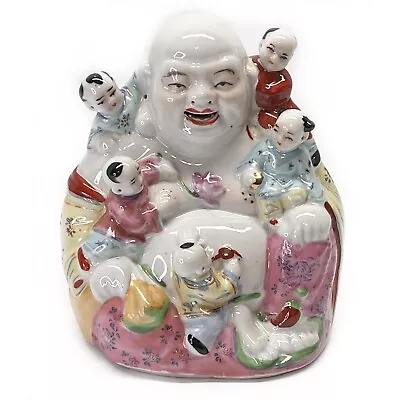 Laughing Buddha Chinese Famille Rose Porcelain With Children Statue 6” 1960's • £49.86