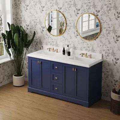 60  Wood Bathroom Vanity Marble Countertop Dual Sink Vanity Door Cabinet Navy US • $1525.99