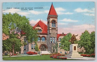 Dayton OH Ohio Public Library And McKinley Monument Vintage 1944 Linen Postcard • $3.49