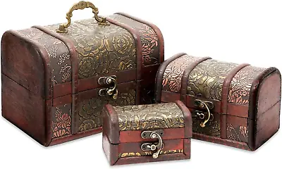 3-Set Small Wooden Treasure Chest Boxes With Flower Motifs Decorative Vintage St • $33.14