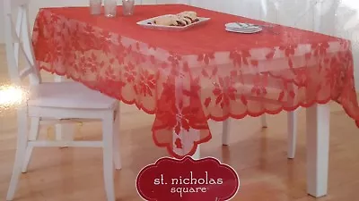 NWT St. Nicholas Square Red Christmas Poinsettia Lace Tablecloth 60  X 84  • $5.95