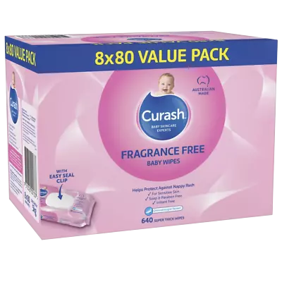 Curash Baby Wipes Fragrance Free 8 X 80 Value Pack For Sensitive Skin Soap Free • $35.08