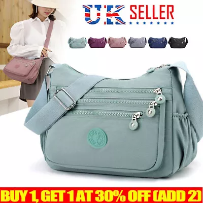 Ladies Shoulder Bag Cross Body Messenger Multi Pocket Nylon Holiday Handbag Tote • £11.59