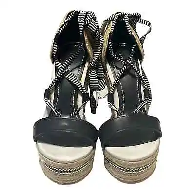 $28 • Buy Zara Woman Black White Lace-Up Espadrille Wedge Sandals With Silver Chain Accent