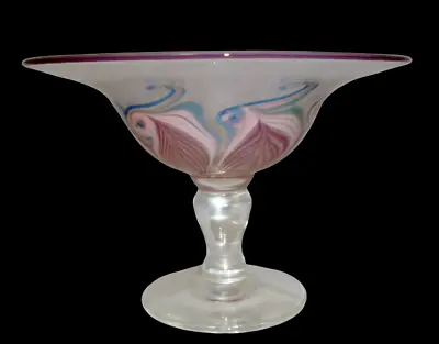 1985 Vandermark Iridescent Pulled Feather Blown Glass Compote Centerpiece #1506  • $85