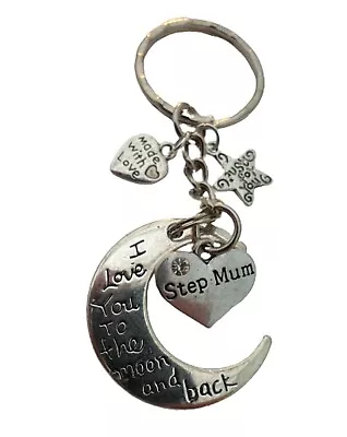 I LOVE YOU TO THE MOON AND BACK STEP MUM KEYRING Heart Charm Pendant Gift + Bag • £4.97