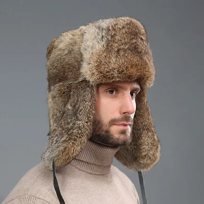  Mens Winter Real Genuine Rabbit Fur Hat Russia Trapper Earflap Ski Cap Ushanka • $25.99