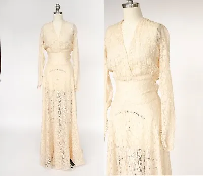 1930s Gown Champagne Lace Sheer Full Length S Tall • $158