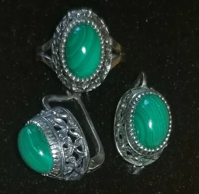 Malachite Cabochon Silver Filigree Bezel Setting Ring Earrings Set Vintage • $35