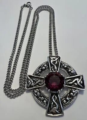 Vintage Purple Rhinestone Scottish Maltese Cross Pendant Necklace Signed Large • $29.99